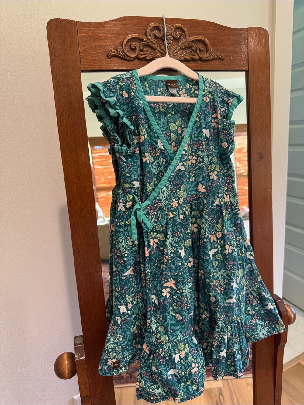 Tea Collection Teal Floral Wrap Dress with Birds